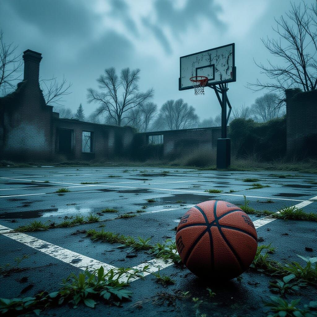 Apocalyptic Basketball Court in Haunting Horror Scene