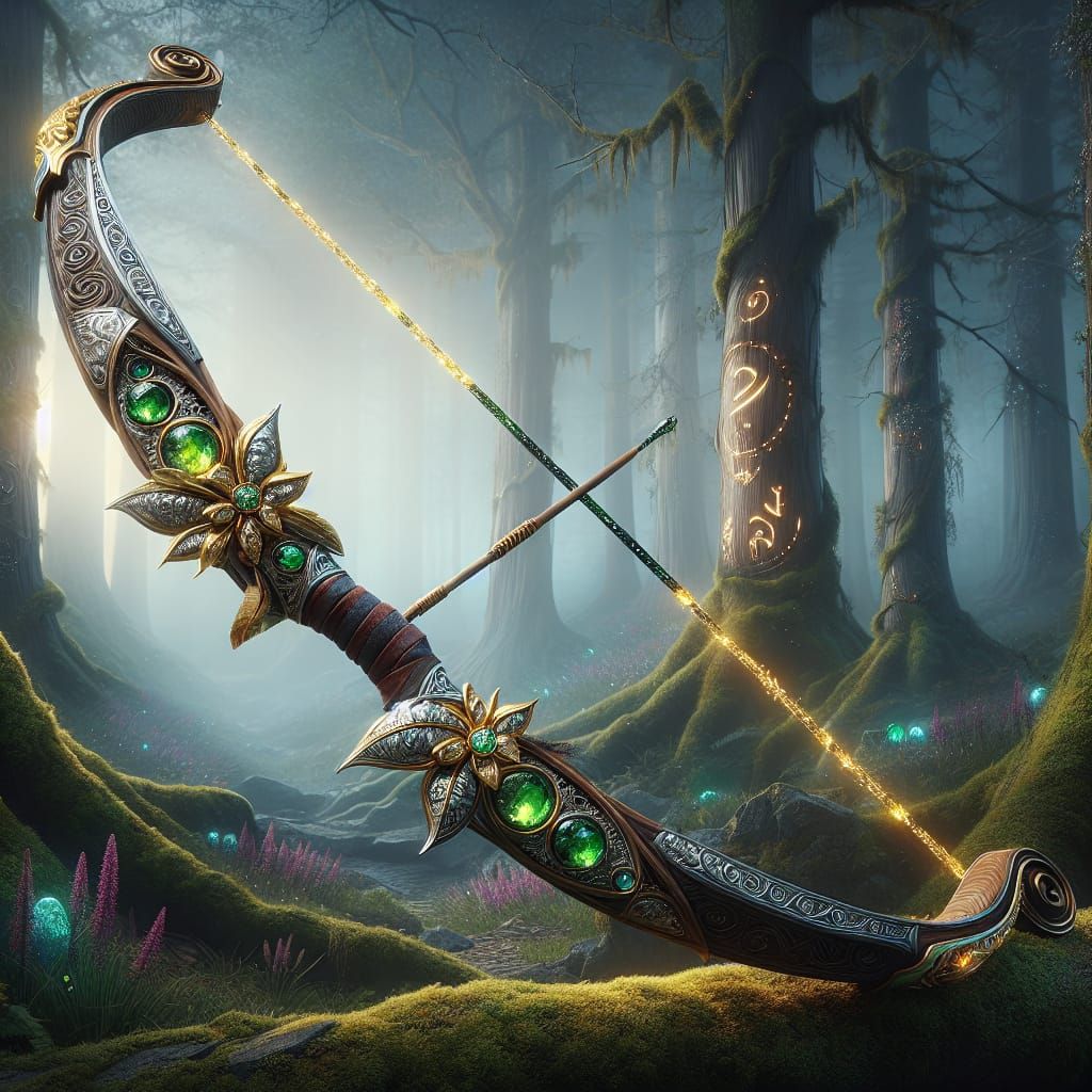 Glowing Emerald Bow amidst Mystical Woodland Dawn