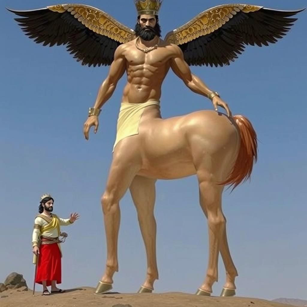 King Solomon and Winged Centaur in Desert