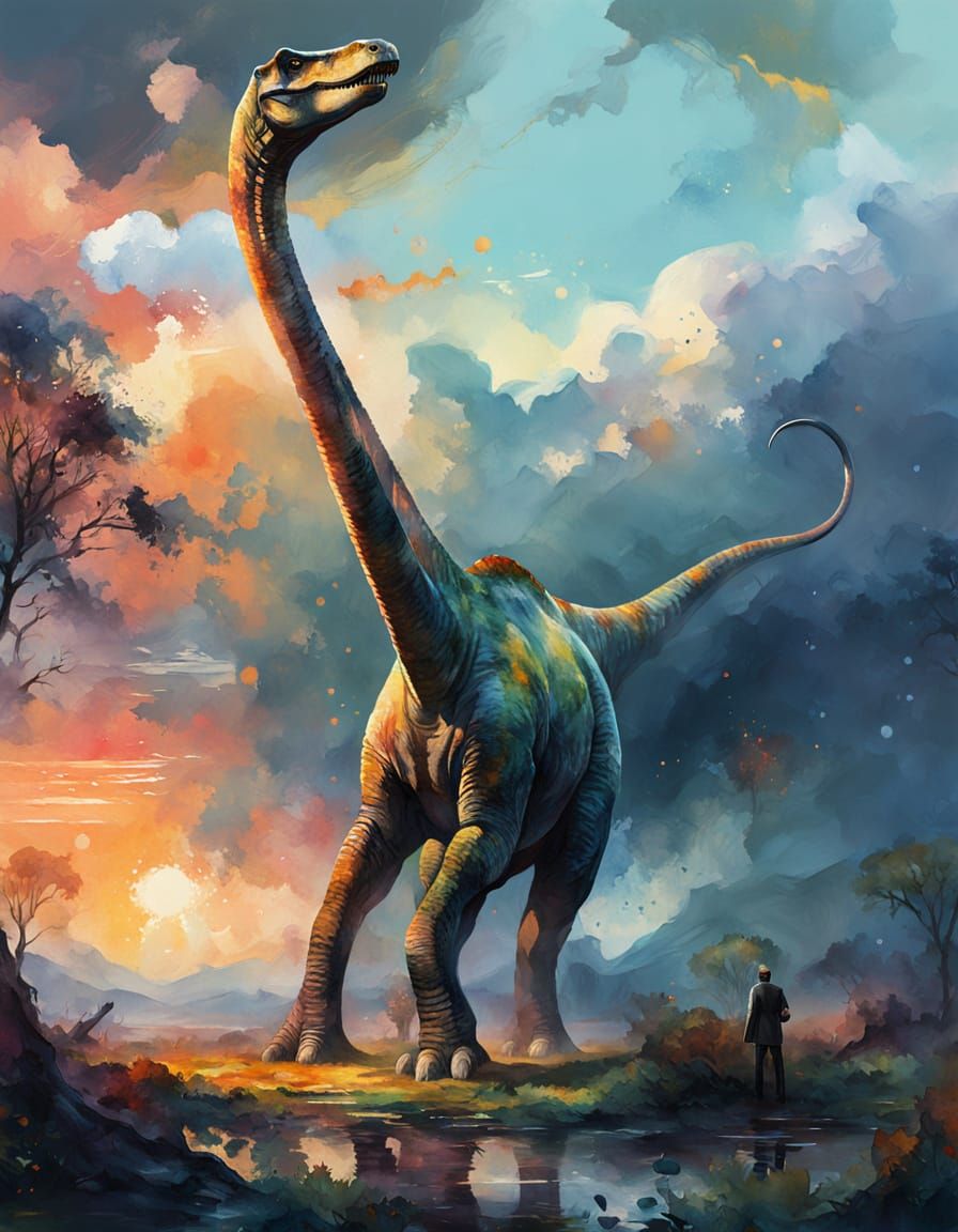Brachiosaurus Reaching for Leaves: Surreal Impasto Painting