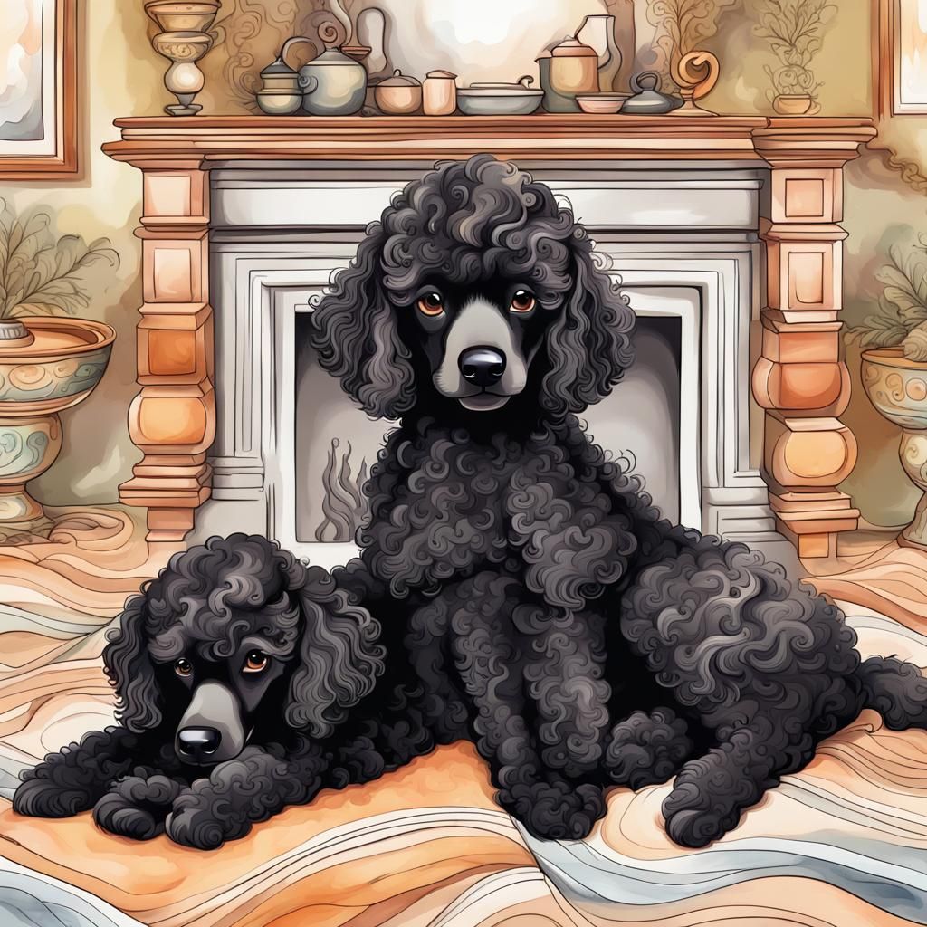 Black Poodle Puppies in Watercolor Abstract Style