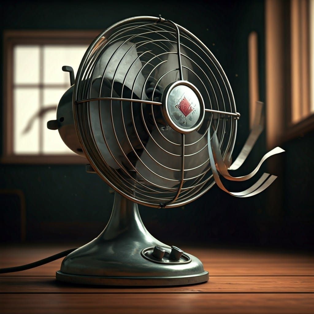 Retro Desk Fan Blowing Streamers in 1950s Style