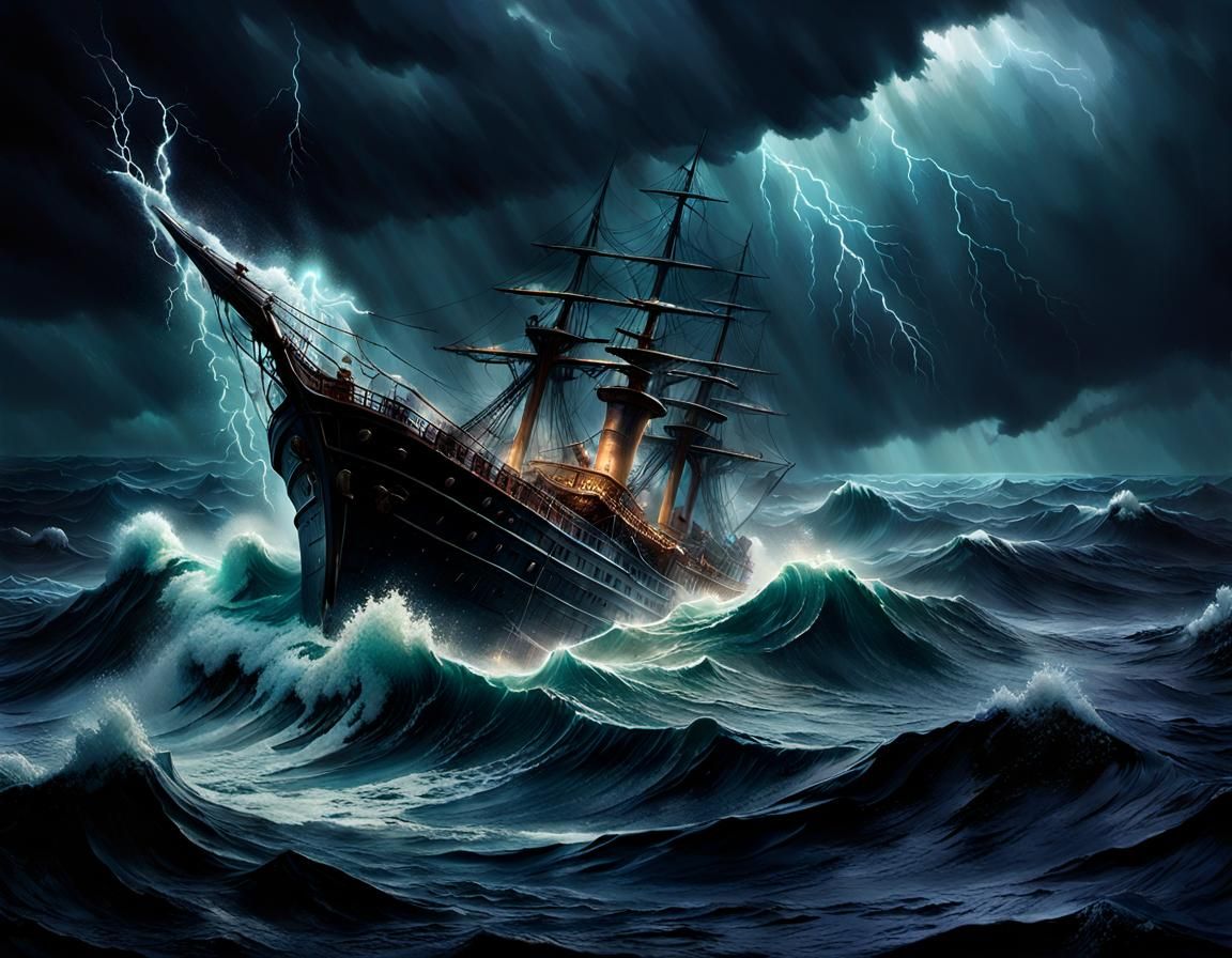 A sinking ship during a raging storm at sea.