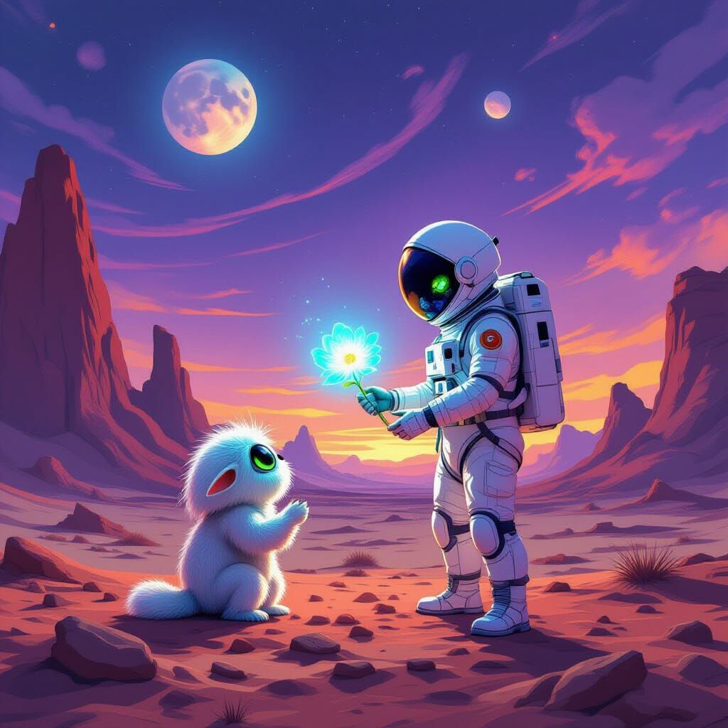 Astronaut Offers Alien Flower to Creature on Barren Planet