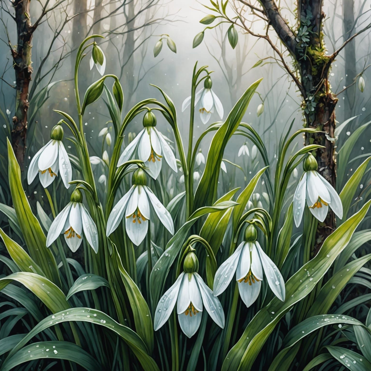 Fantasy Double Exposure Watercolor Snowdrops