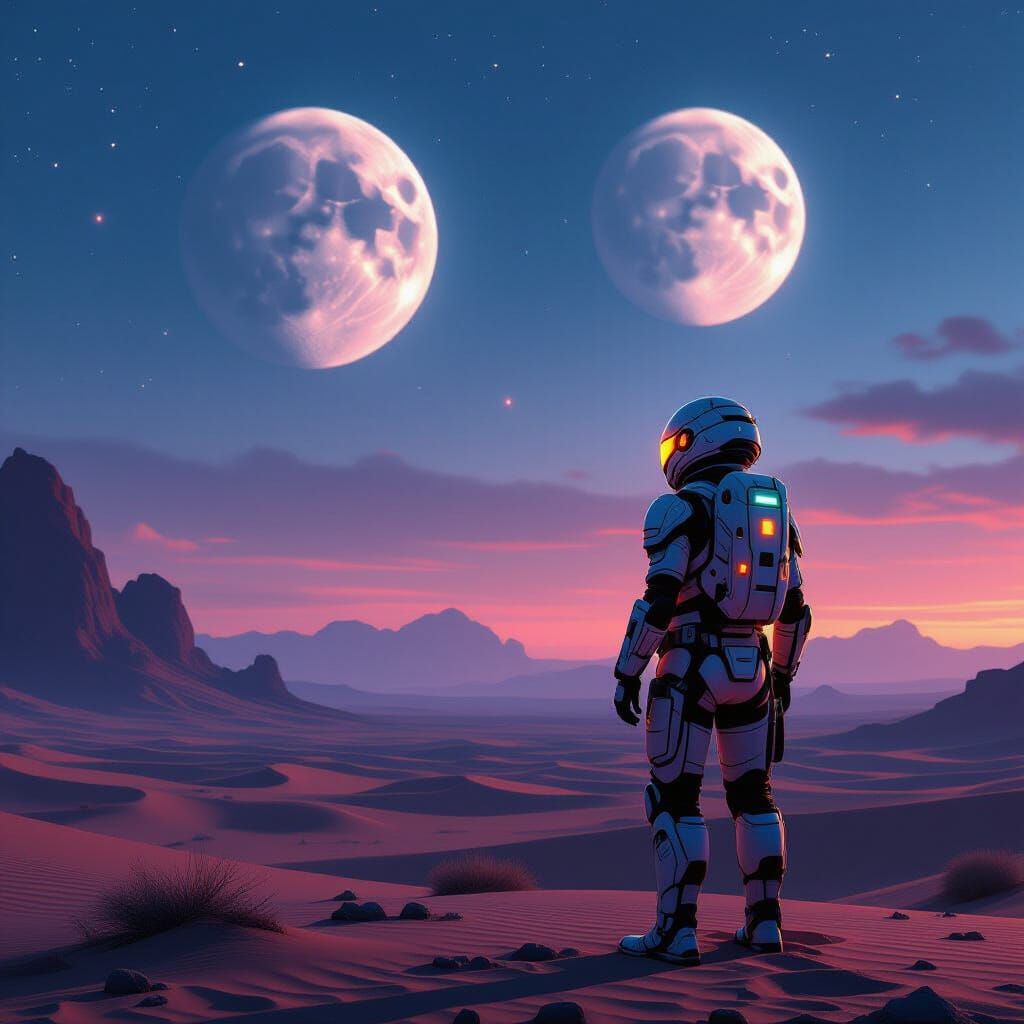 Explorer Gazes at Two Moons on Alien Desert, Cinematic Style