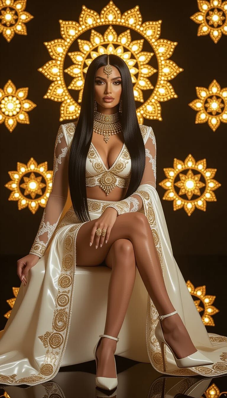 Stunning Woman in Ivory Leather and Lace with Indian Jewelry