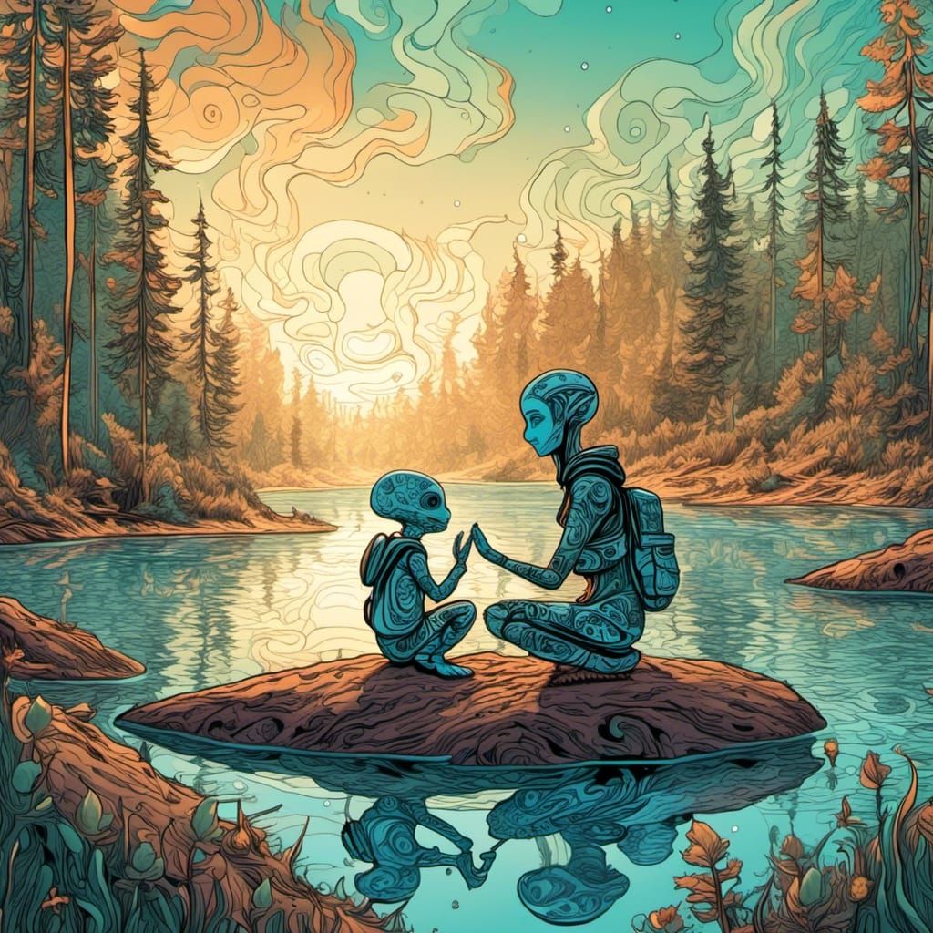 Heartfelt Moment: Humanoid and Alien Camping Trip