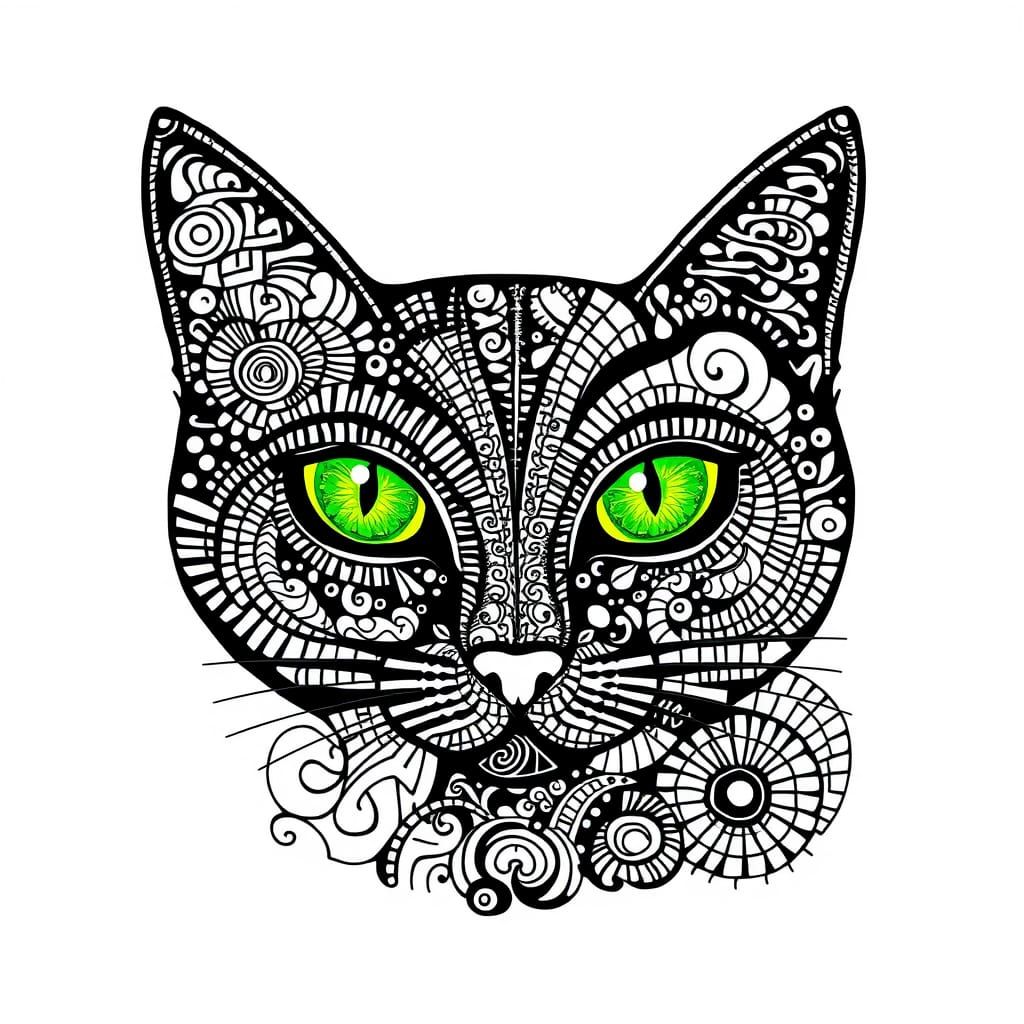 Intricate Zentangle Cat with Green Eyes