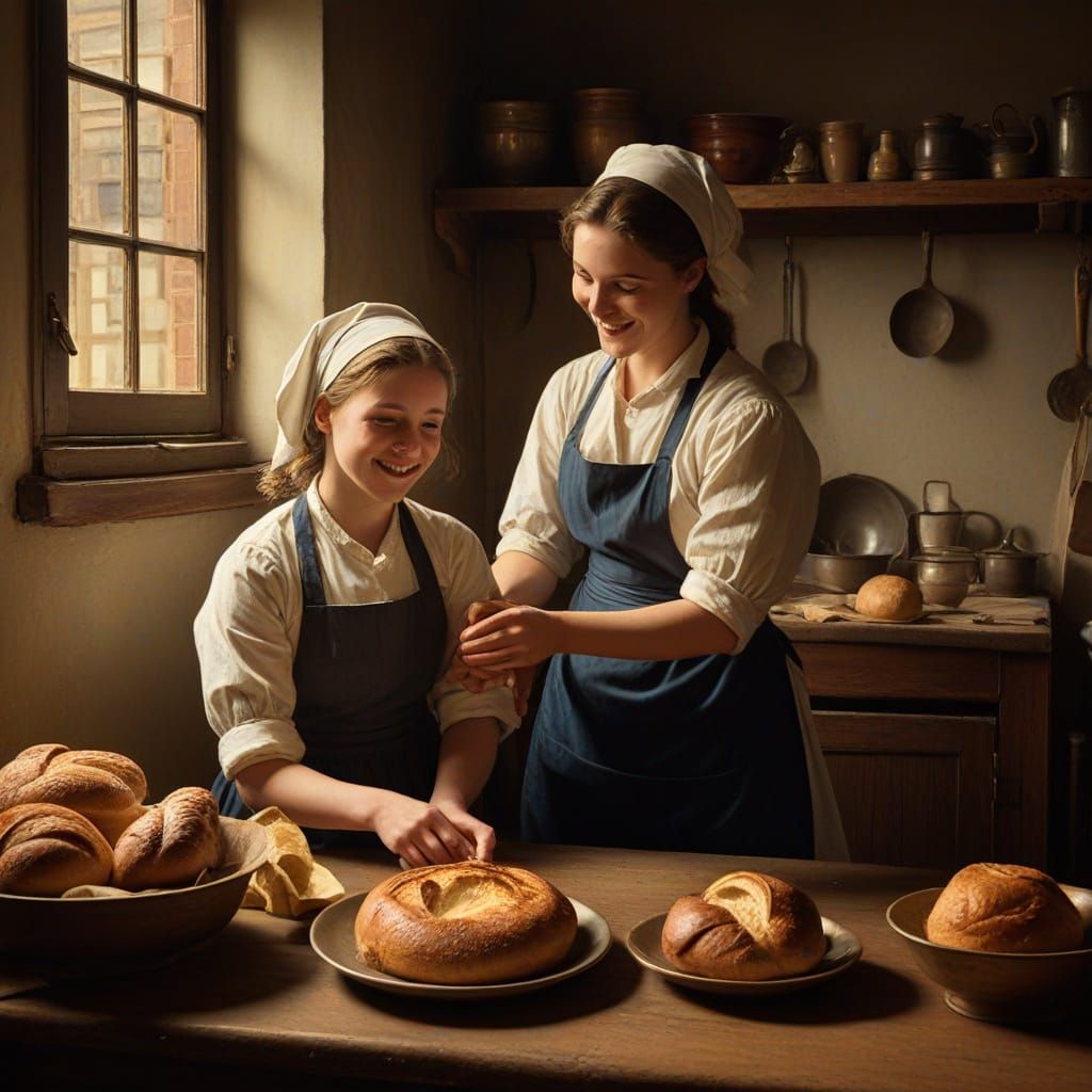 Mother and Daughter Baking Bread in Vintage Kitchen