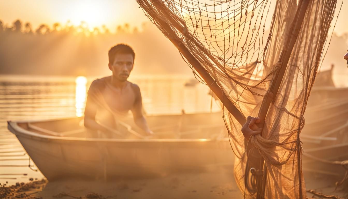 Fisherman on Brahmaputra River in Golden Light