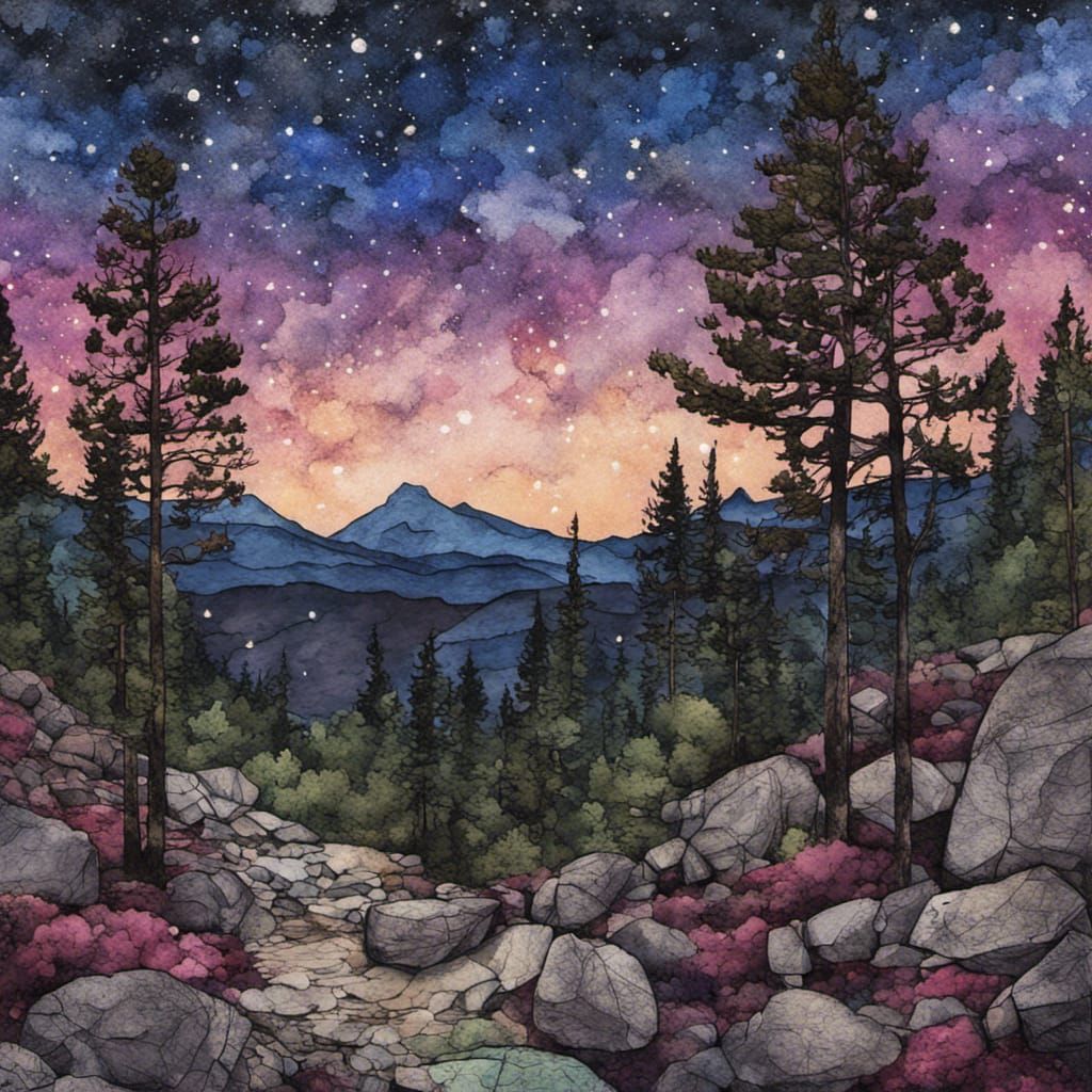 Aurora Borealis Over Dark Pine Forest: Matte Painting