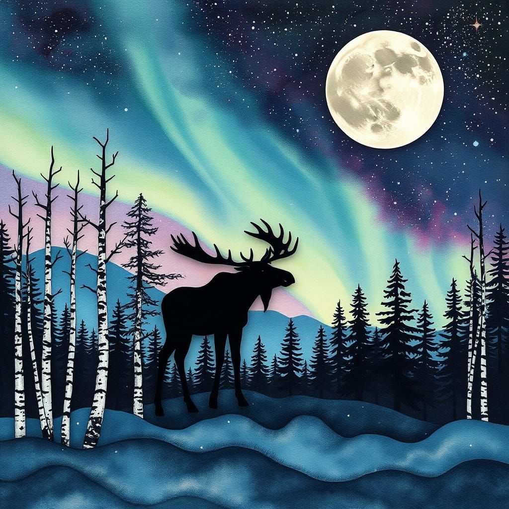 A surreal cosmic landscape featuring a silhouette of birch t...