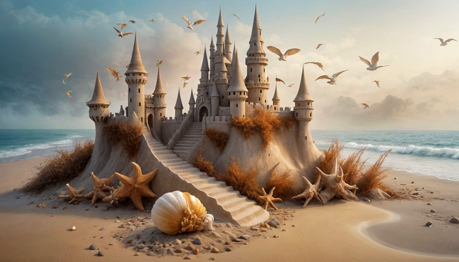 Ethereal Sandcastle on Golden Shore in Sfumato Style