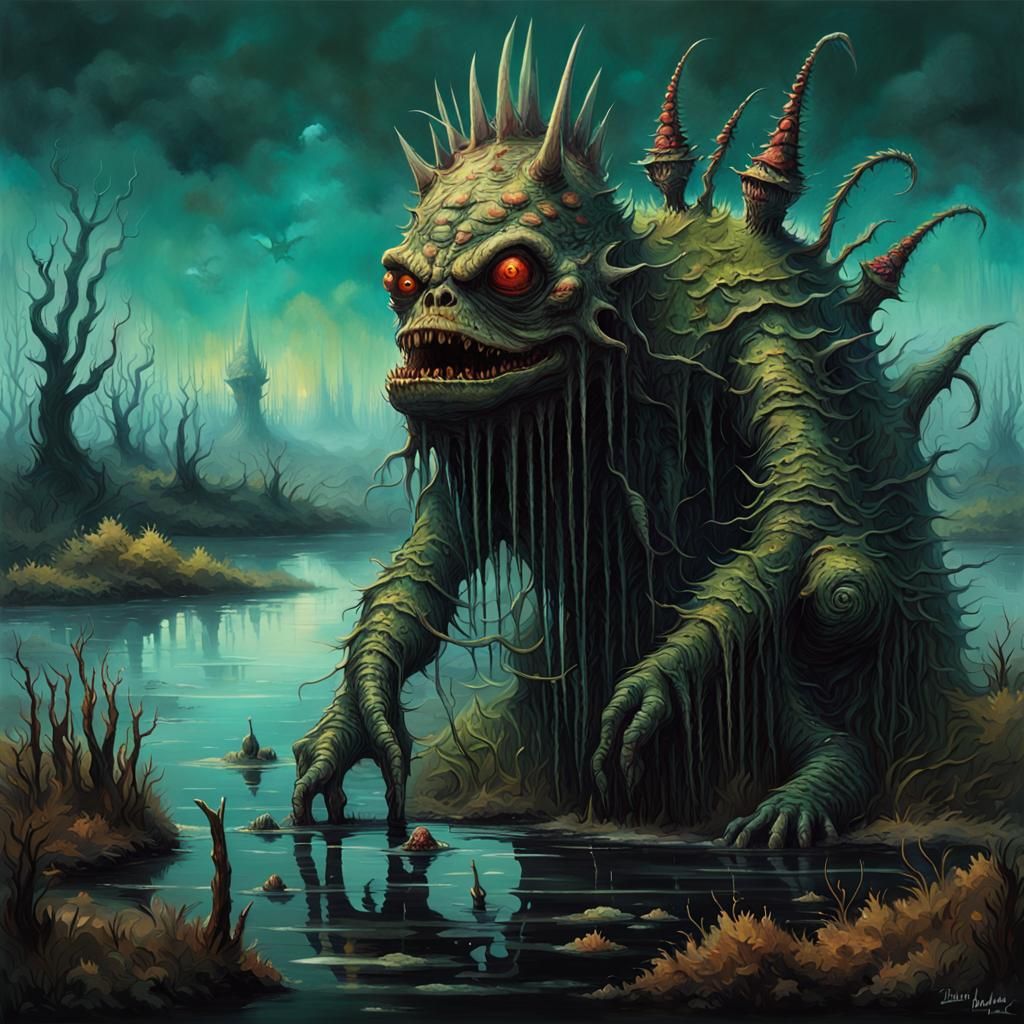 Horrorpunk Swamp Monster in Psychedelic Noir Landscape
