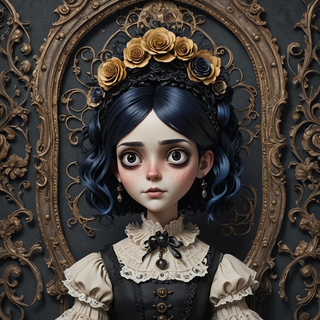 Gothic Doll Girl Portrait in Creepy Style
