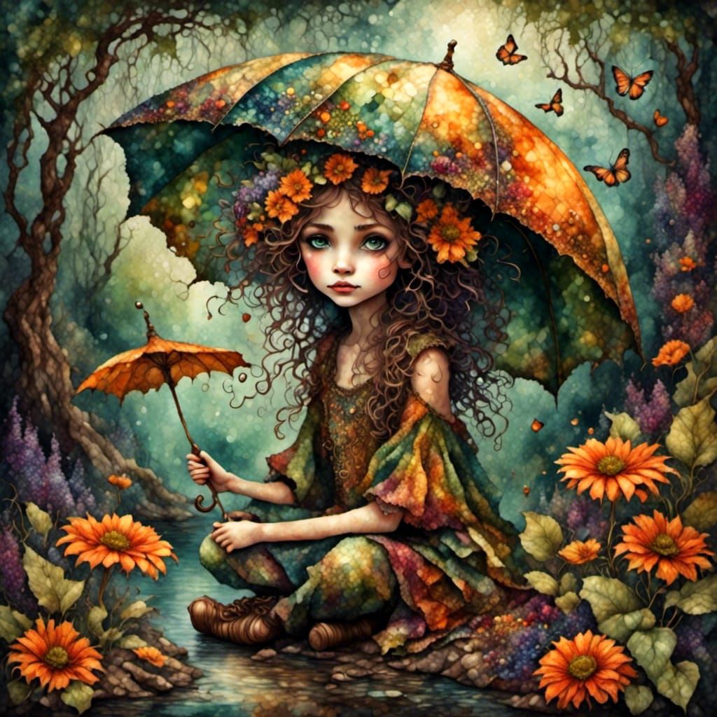 Pixie in Misty Forest with Heart Umbrella Leaf