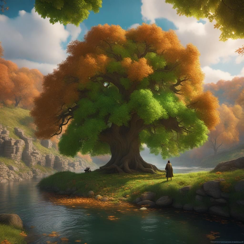 Boy Studying Under Oak Tree in Aime Style