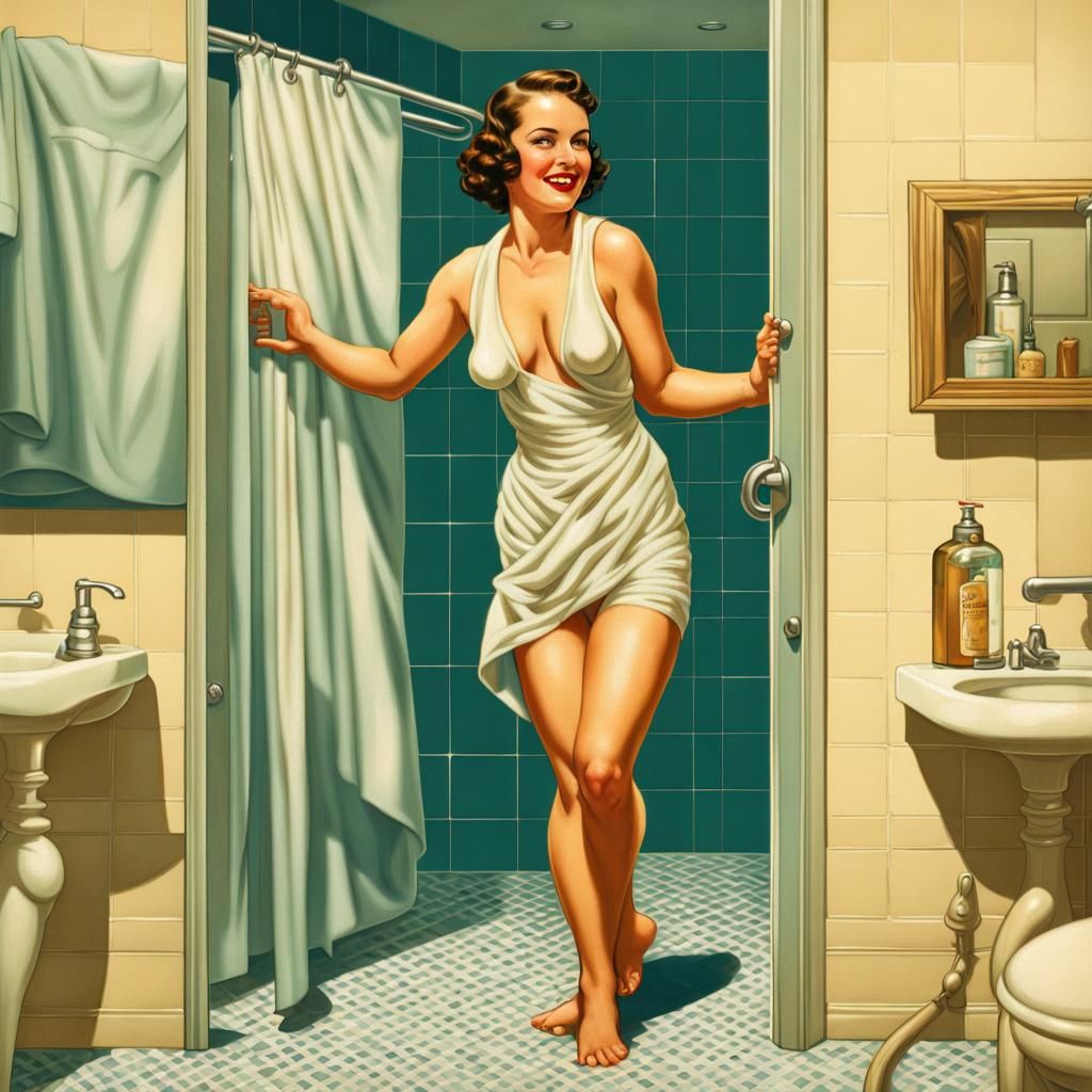 1930s Pin-Up Girl Stepping Out of Shower
