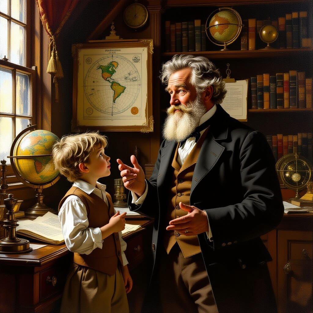 Jules Verne Narrates Adventure to Wide-Eyed Boy