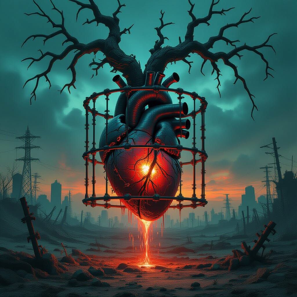 Biomechanical Heart Pulsating in Desolate Wasteland