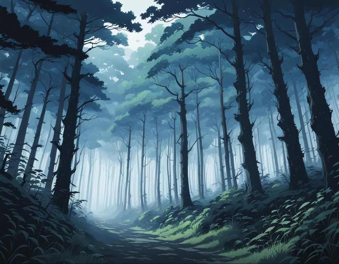 Black and White Forest Landscape in Anime Style