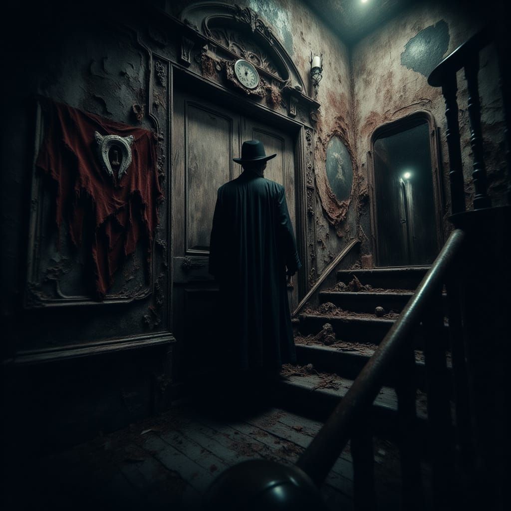 Eerie Figure in Crooked House with Baroque Mirror