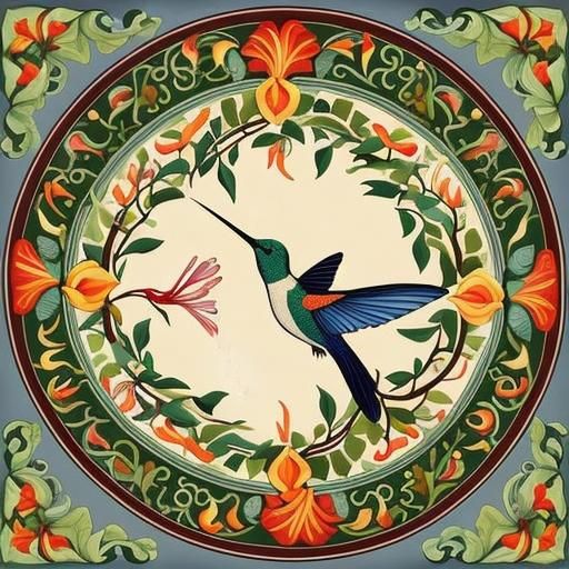 Vibrant Folk Art Hummingbird and Honeysuckle