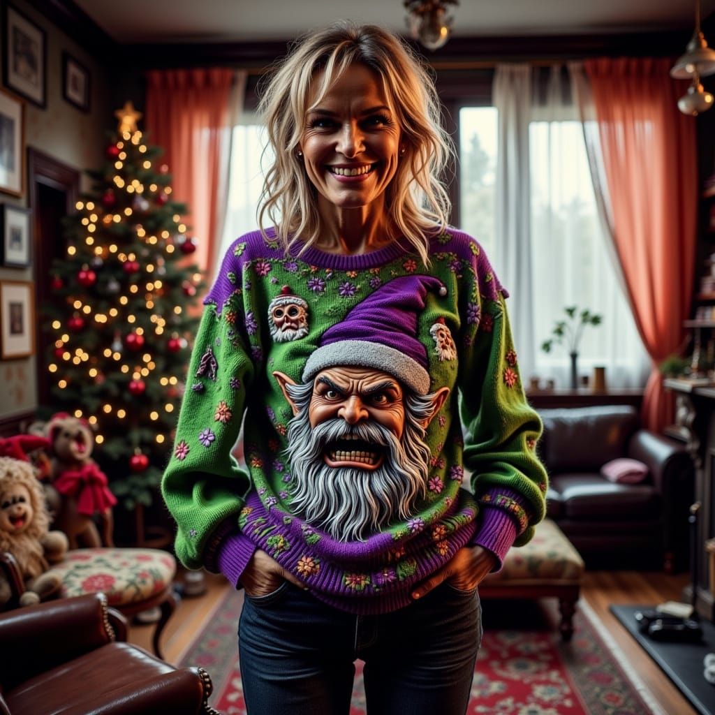 Woman in Ugly Christmas Sweater with Angry Gnome