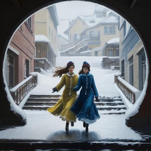 Impressionist Women Descend Snowy Staircase with Open Doors