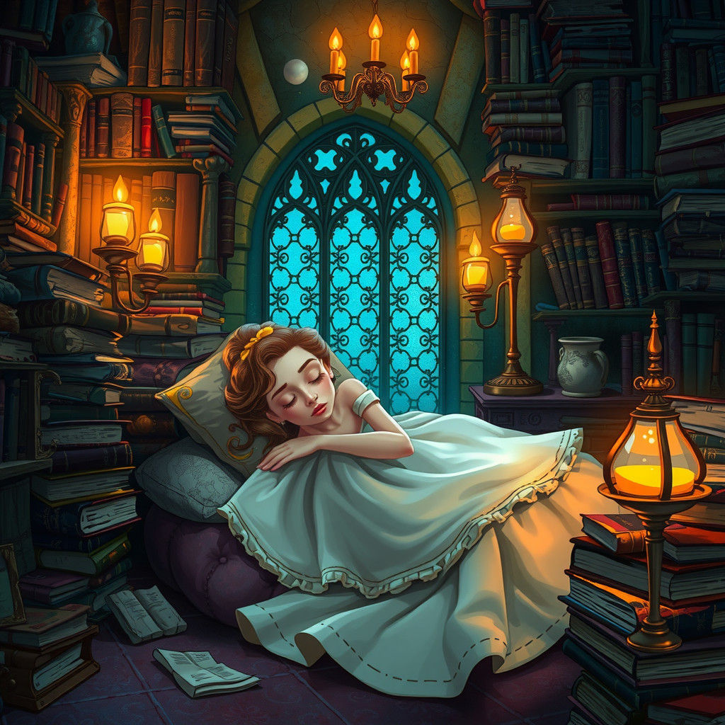 Belle in Dreamlike Library: Storybook Illustration