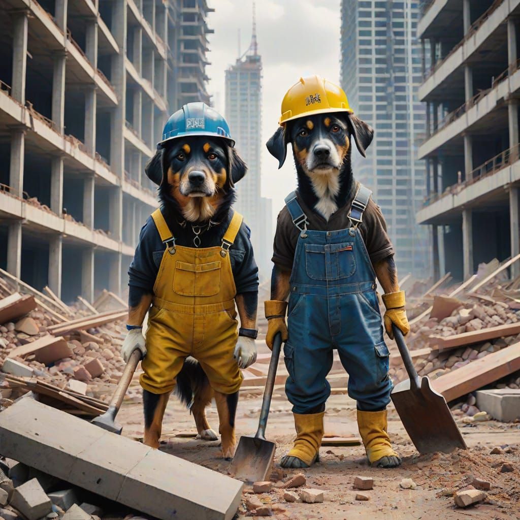 Dogs on Construction Site in Cinematic Style