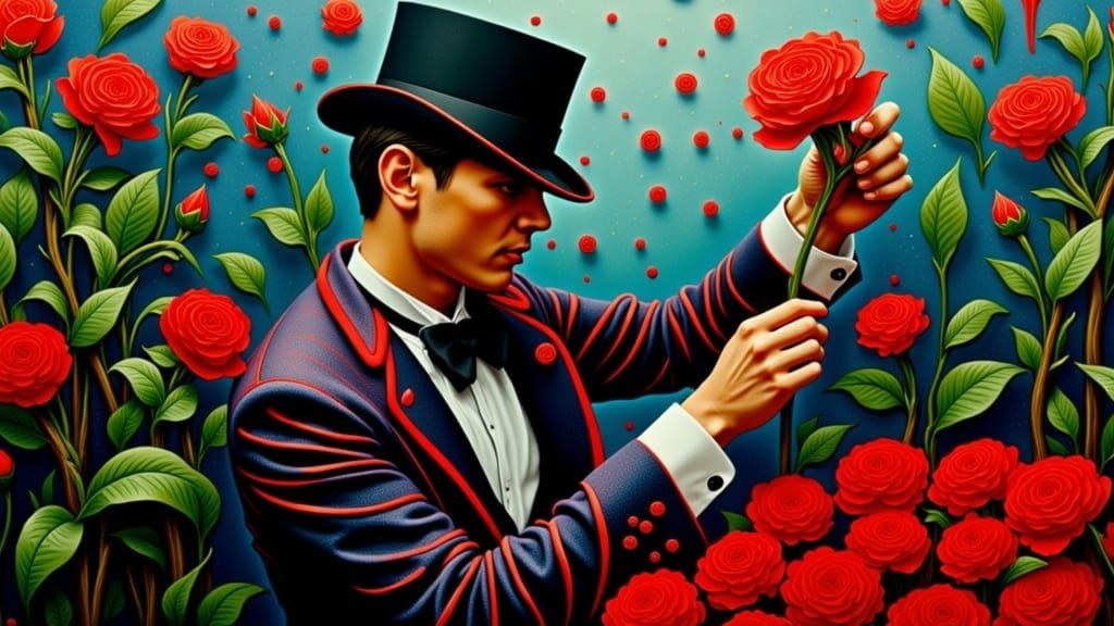 Elegant Gentleman Plucks Rose in Ominous Dreamlike Scene