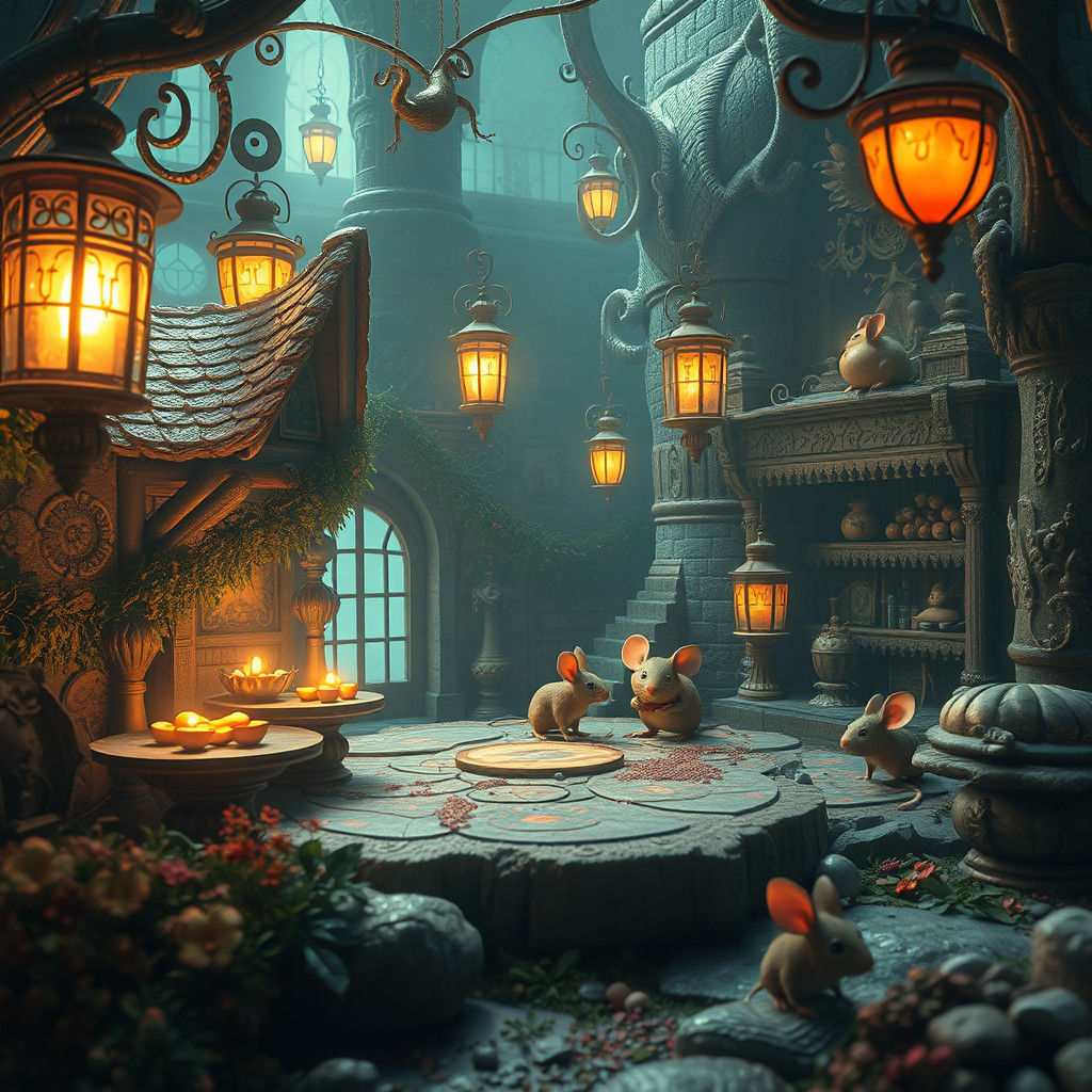 Mystical Cheese Factory with Mice, Dreamlike Scene