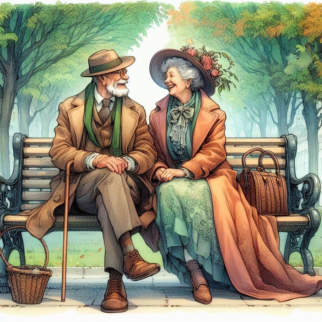 Charming Old Couple in Park: Watercolor Illustration