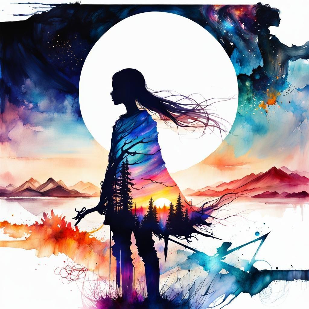 Fantasy Galaxy Sunset in Watercolor Art Style