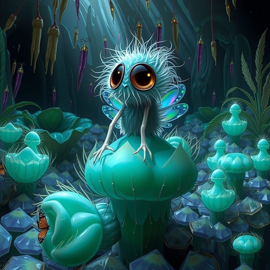 Glowing Rainbow Fuzzy Critter Perched Amidst Alien Flora