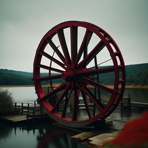 Water Wheel in Vibrant Red: Cinematic Still