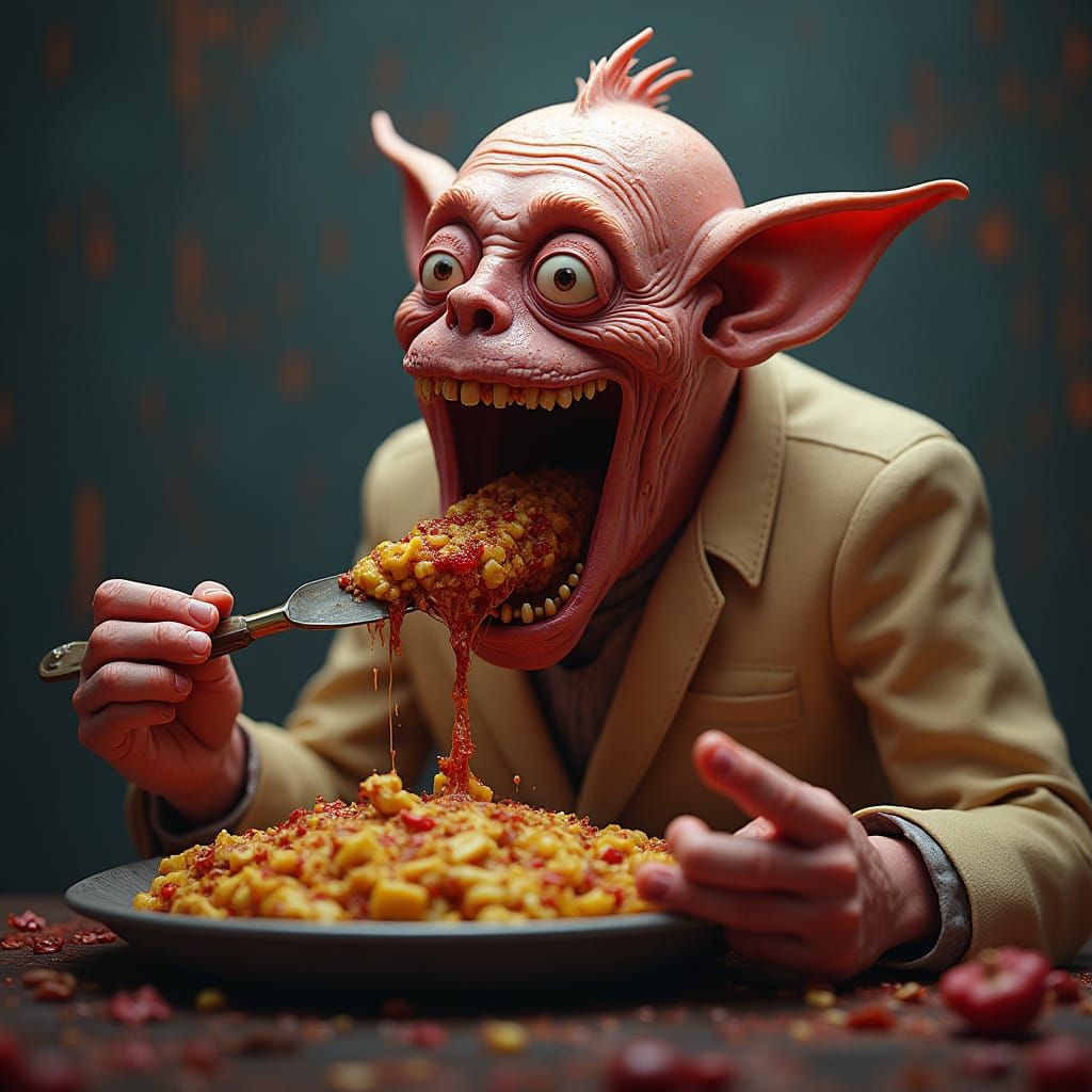 eating disgusting foods detailed matte painting, deep color, fantastical, intricate detail, splash screen, complementary...