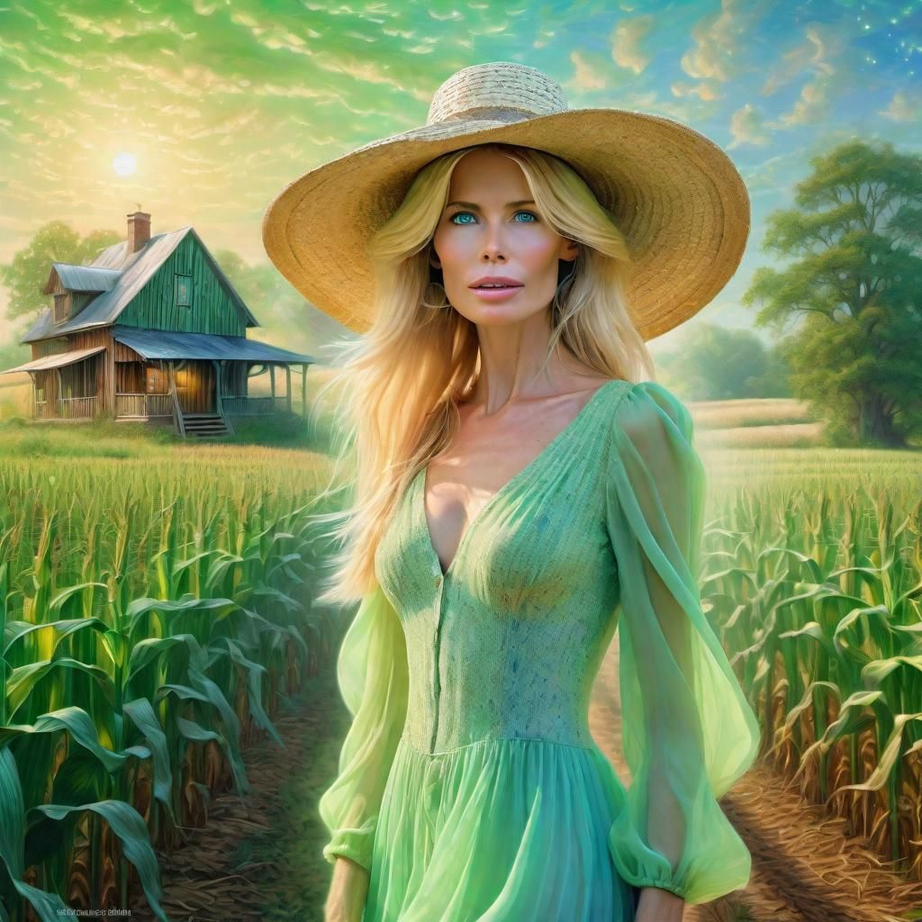 Woman in Green Dress, Cornfield Portrait, Fantasy Art
