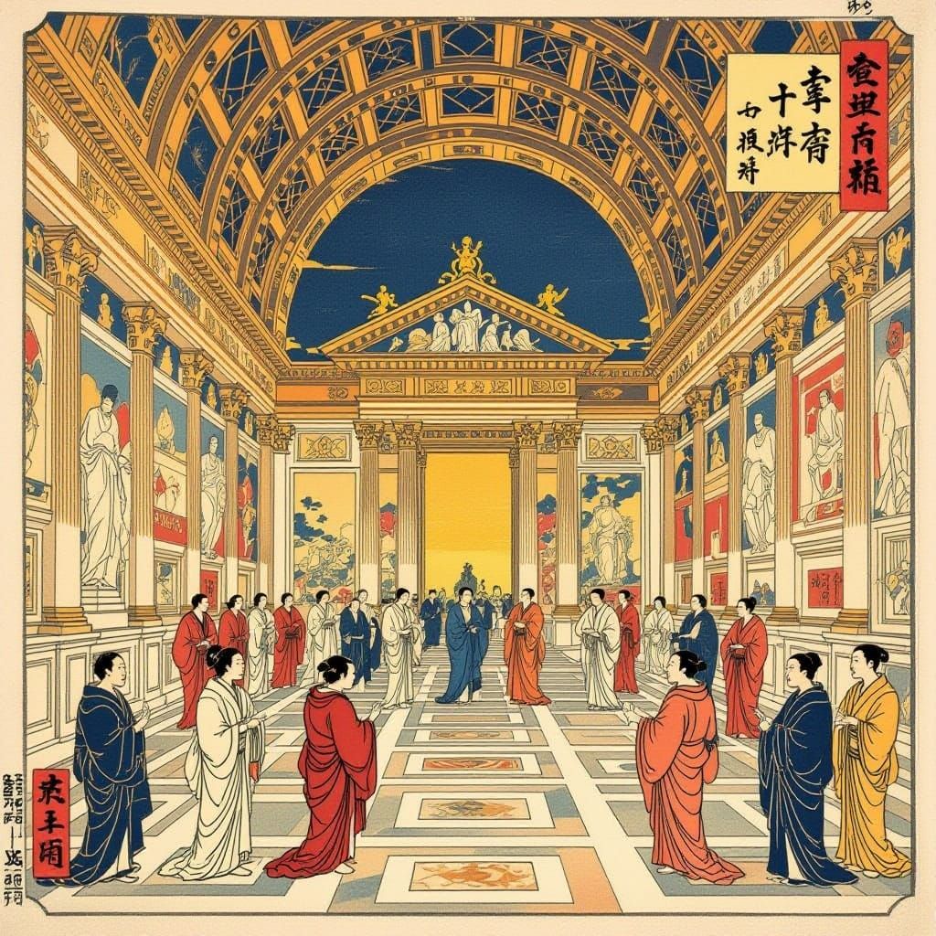 In ukiyo-e style woodblock The School of Athens (Italian: Sc...