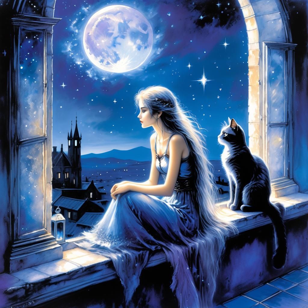 Girl Counting Stars in a Mystical Night Sky