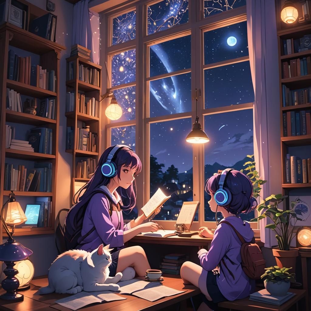Lofi Girl Studying with Comet in Night Sky