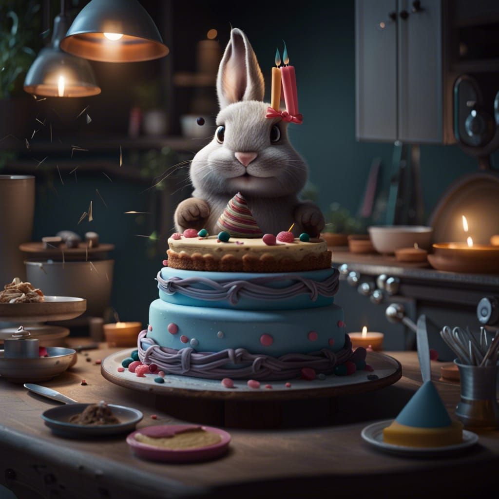 Cute Bunny Baking a Birthday Cake