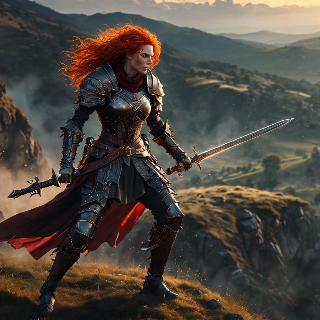 Red-Haired Witch in Armor on Hill at Sunrise