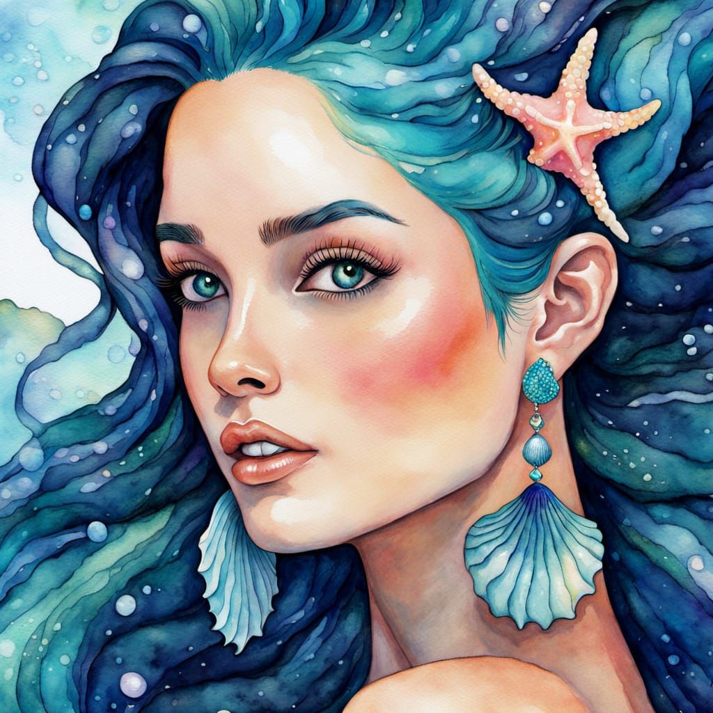 Mermaid Portrait in Watercolor Style with Shell Jewelry