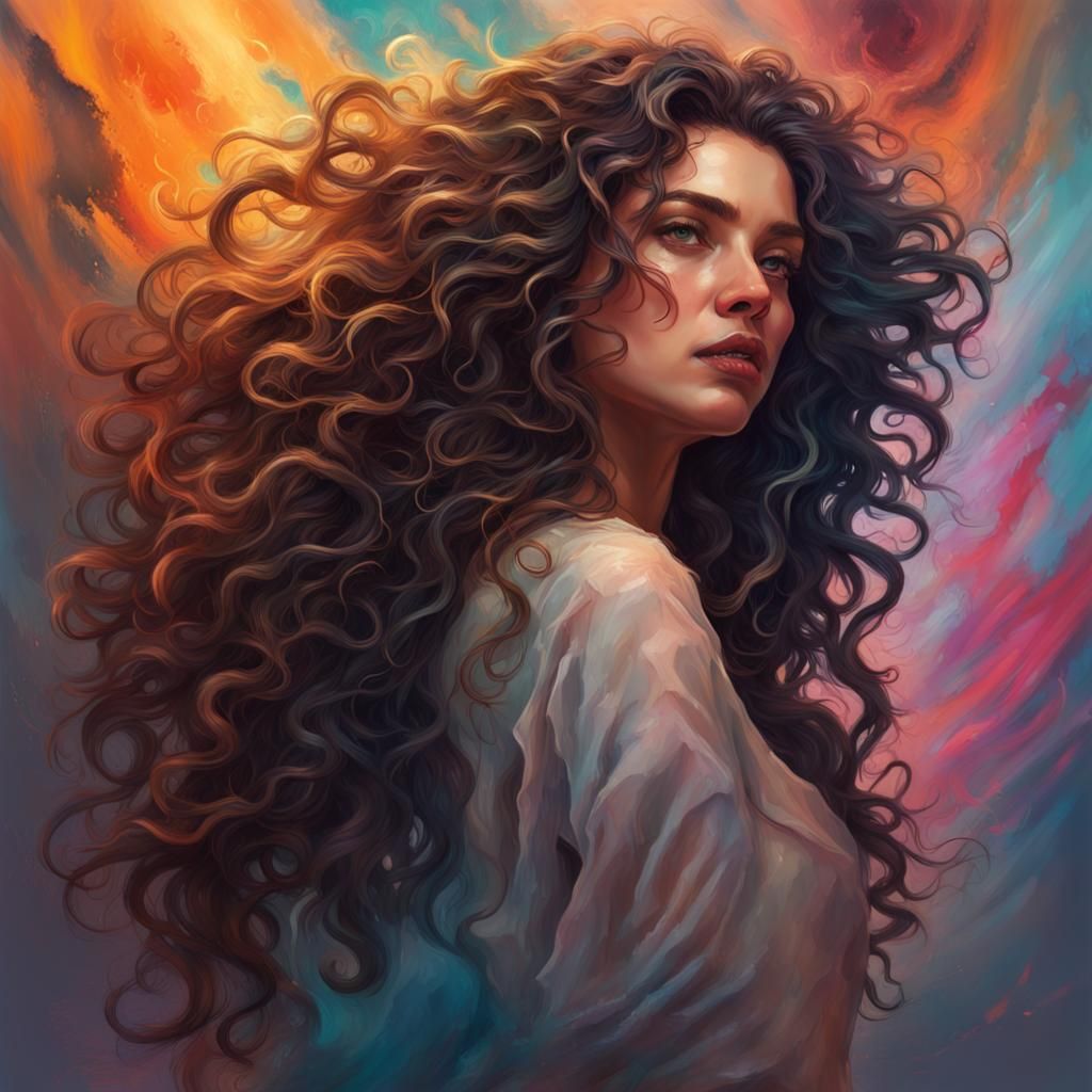 Hyperrealistic Melting Goddess with Dark Curly Hair