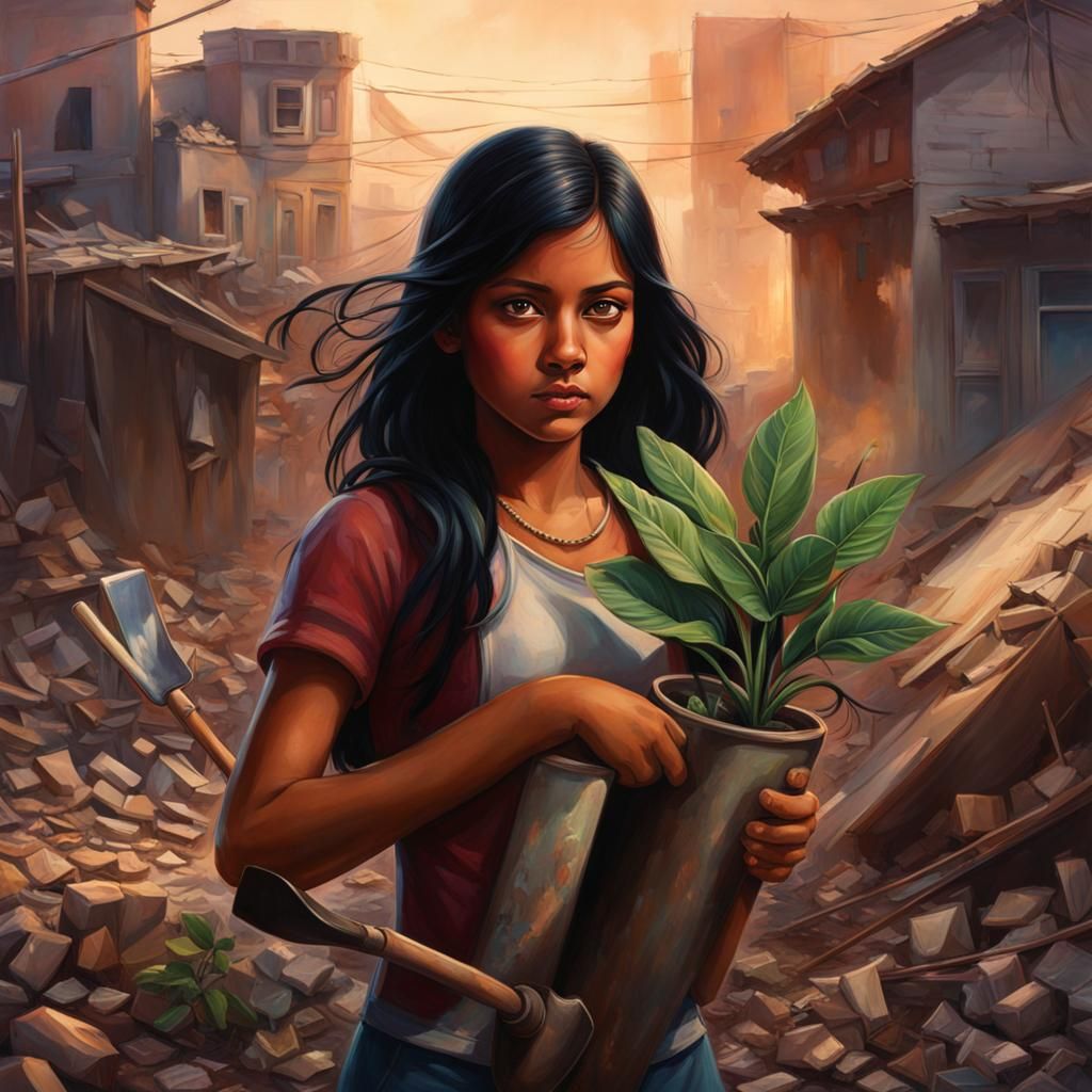 Girl Finds Plant in Polluted Town: Hyperrealistic Art