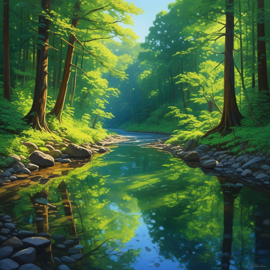 A breathtaking landscape of Crystal Creek Woods, with a clea...