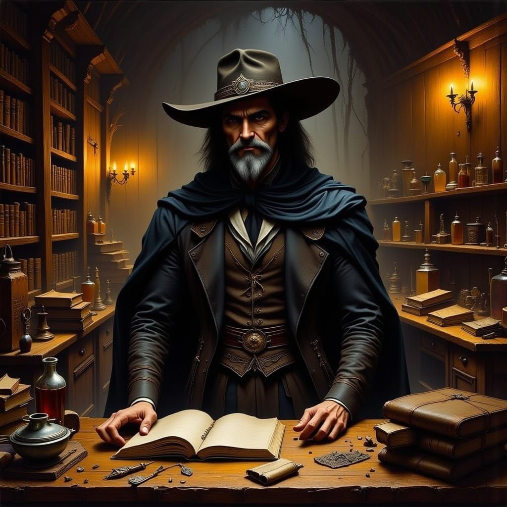 Surreal Old West Magic Shop Scene with Sorcerer